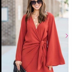 Pink Lily Be Yours Forever Orange/Red Modern Wrap Dress NWOT